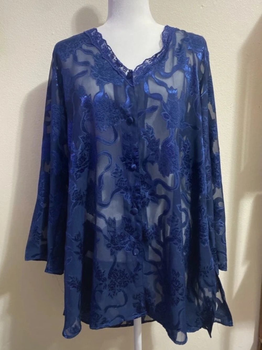 Vintage Victoria’s Secret Dark Blue Sheer Floral Button Down Cover Up